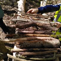 People gathering and stacking firewood for community support and sustainability.